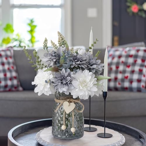 8 Blue and White Artificial Dahlias in Vase with Holder