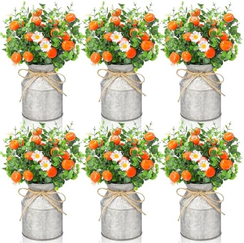 6 Piece Orange Centerpieces with Daisy Flowers and Vase