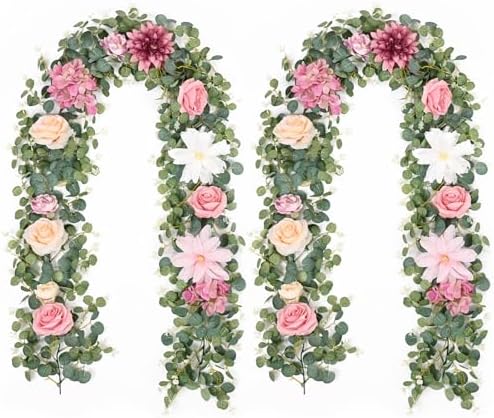 Waipfaru 2Pcs Artificial Flower Garland with Pink Roses and Eucalyptus Vines