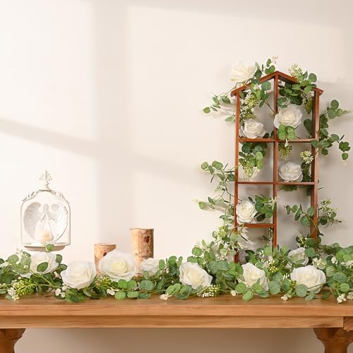 Dolicer Artificial Eucalyptus Garland with Flowers 2Pcs 13Ft White