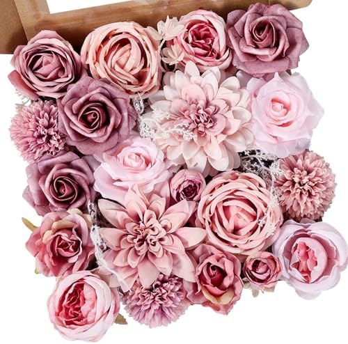 Dusty Pink Artificial Roses with Stems Bouquet Set