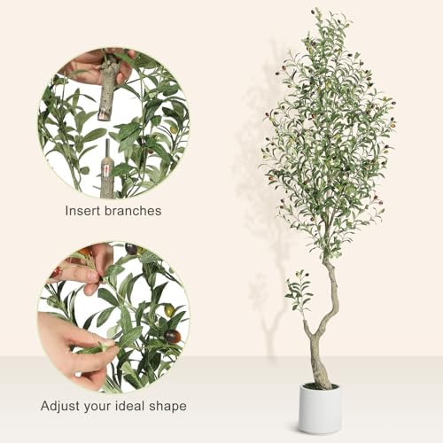 GarveeHome Faux Olive Tree 7ft Artificial Silk Plants with White Planter