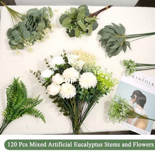 120 Pcs Mixed Artificial Eucalyptus Stems and Flowers Bundle