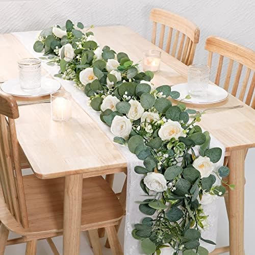 TOCHGREEN Artificial Eucalyptus Garland with White Roses 2 Pack