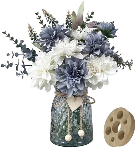 8 Blue and White Artificial Dahlias in Vase with Holder