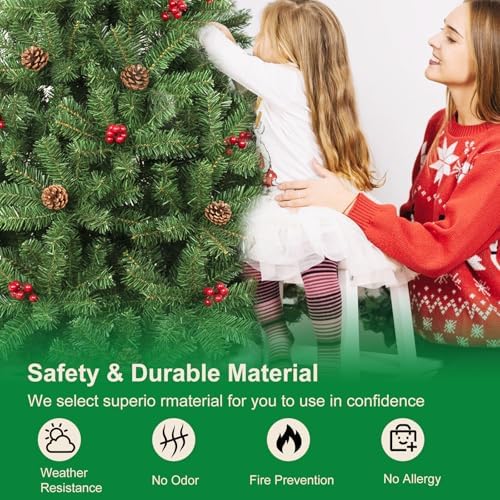 7FT Artificial Christmas Tree with Pine Cone and Red Fruit Foldable Metal Stand