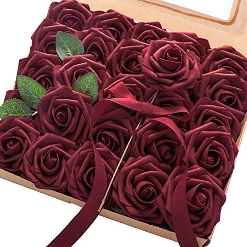 Floroom Artificial Flowers 25pcs Real-Looking Burgundy Foam Fake Roses with Stems
