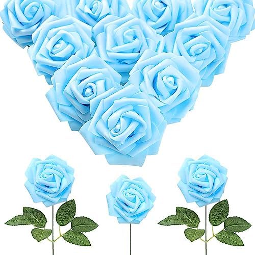IPOPU 30pcs Baby Blue Roses Artificial Flowers with Stems