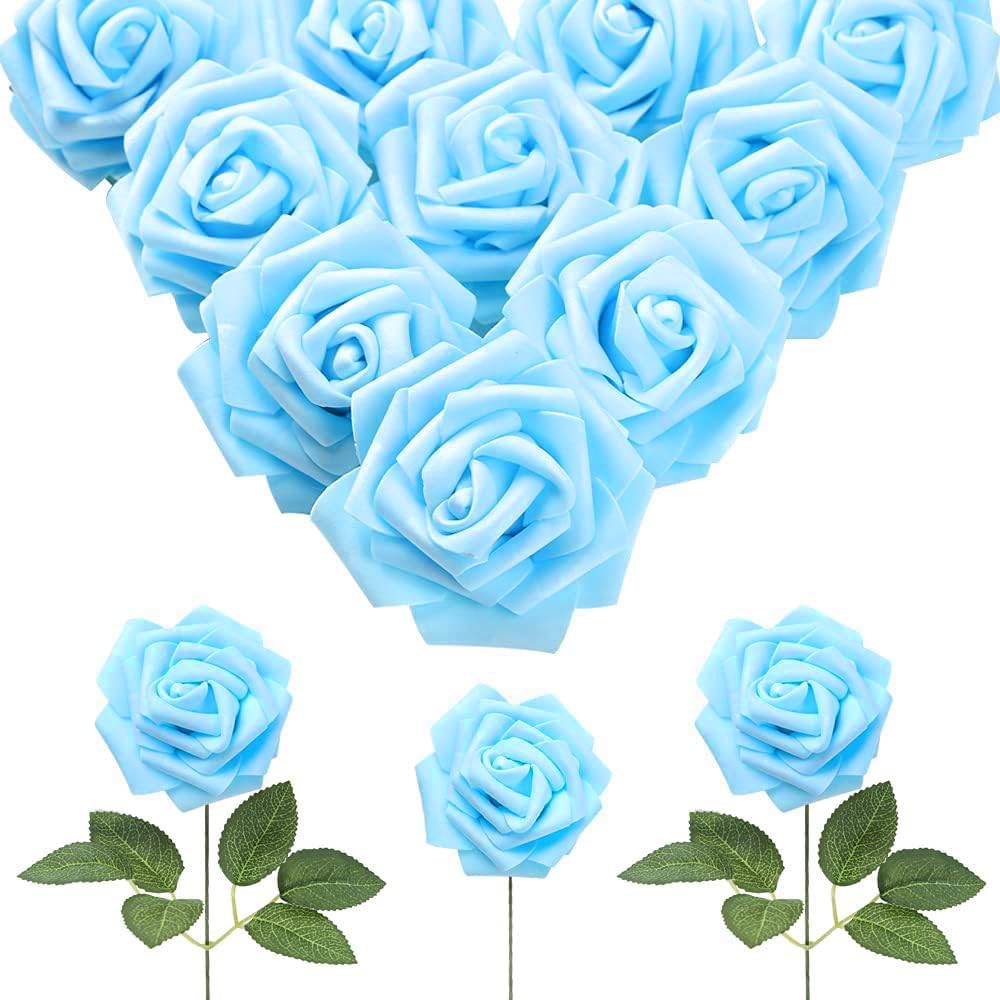 IPOPU 30pcs Baby Blue Roses Artificial Flowers with Stems