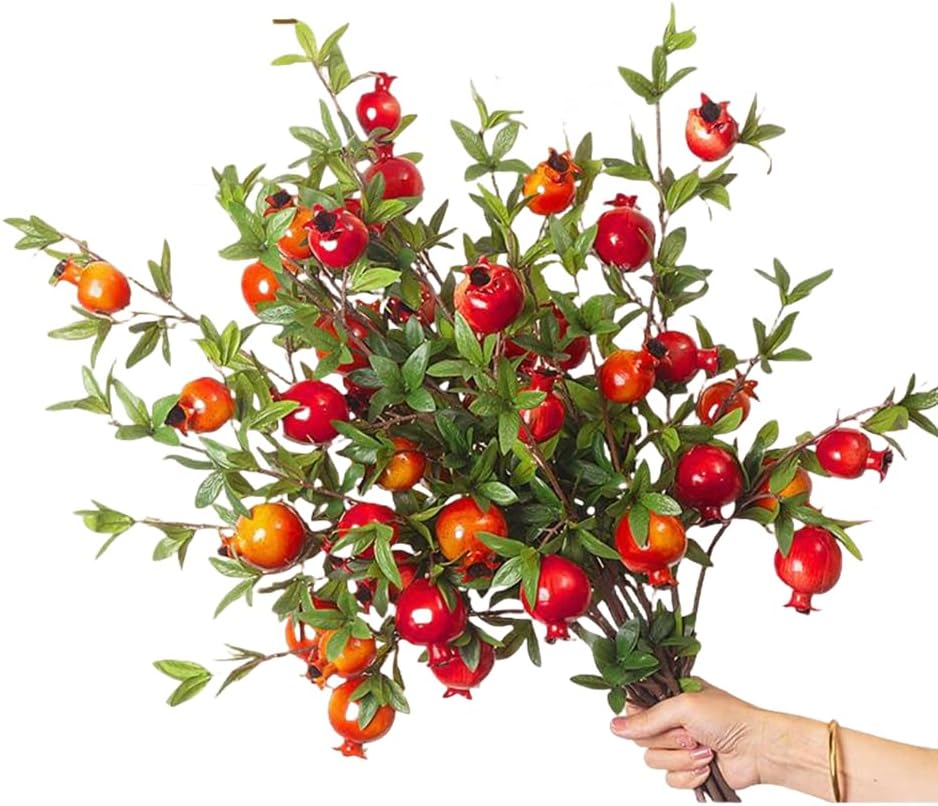 3 Pcs Artificial Pomegranate Branches with Red Berries and Green Leaves
