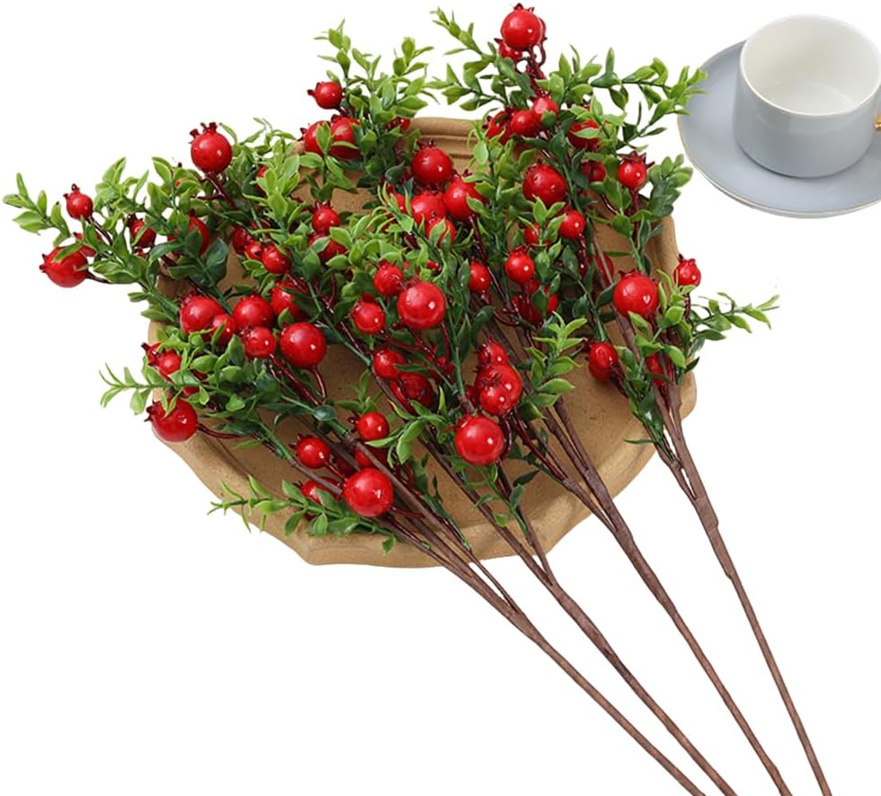 3 Pcs Artificial Pomegranate Branches with Red Berries and Green Leaves