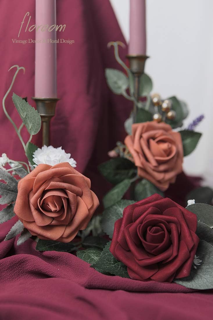 Floroom Artificial Flowers 25pcs Real-Looking Burgundy Foam Fake Roses with Stems