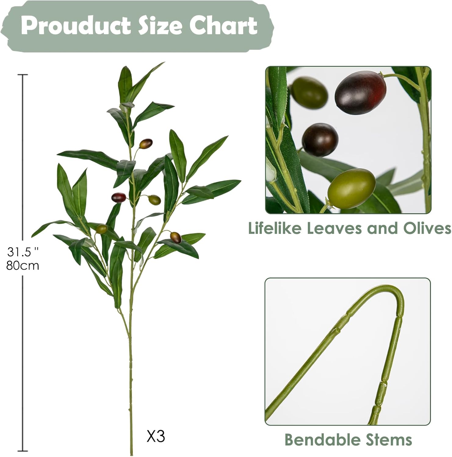 Briful 3Pack Artificial Olive Branches for Vase