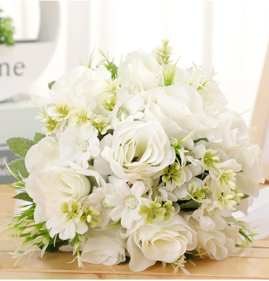 CYANLUX Artificial Wedding Bouquet with Roses and Pearls White