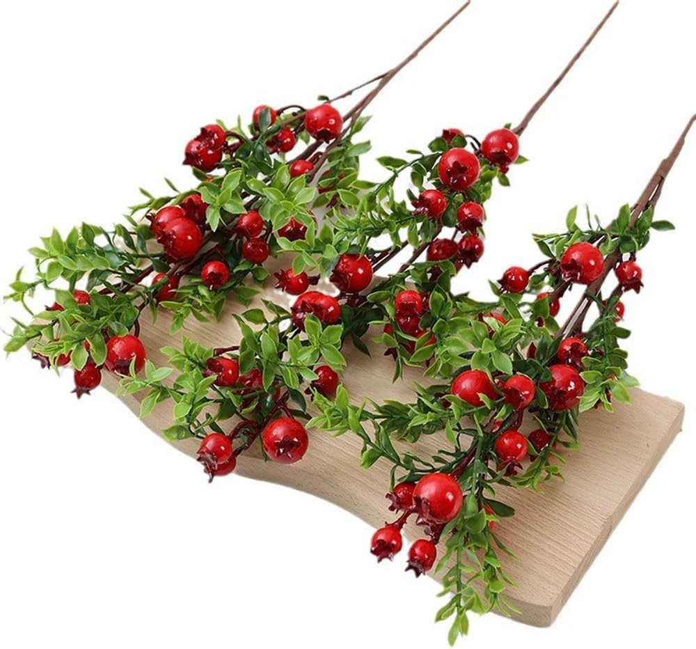 3 Pcs Artificial Pomegranate Branches with Red Berries and Green Leaves