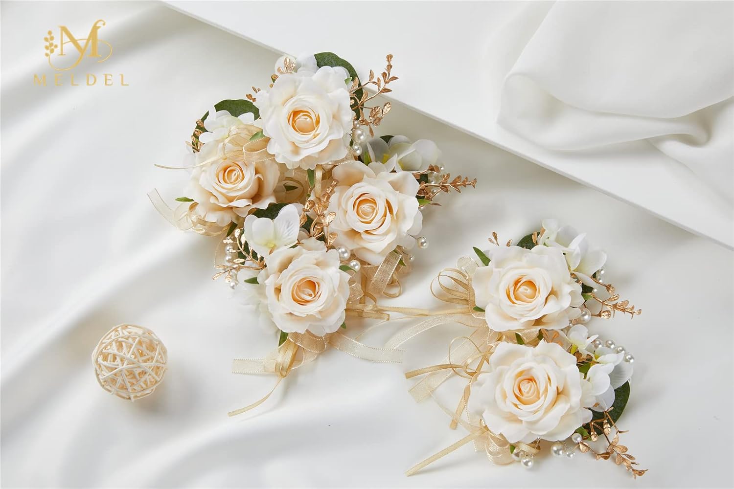 Meldel Artificial Champagne Rose Wrist Corsage Set of 6