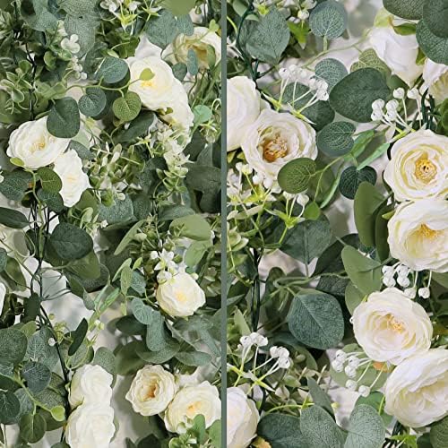 TOCHGREEN Artificial Eucalyptus Garland with White Roses 2 Pack