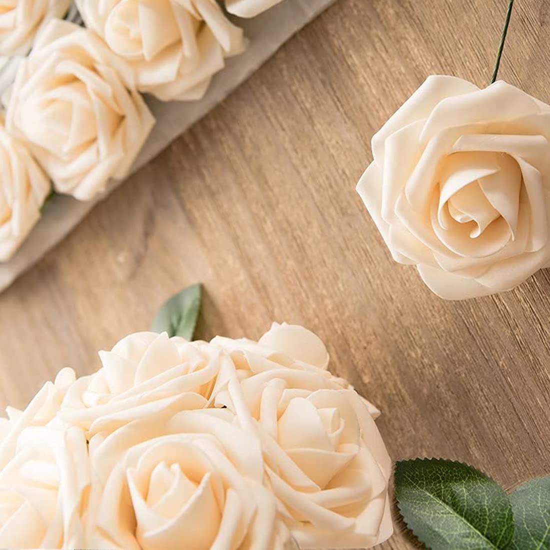 Higfra Artificial Champagne Roses with Stem 25 PCS