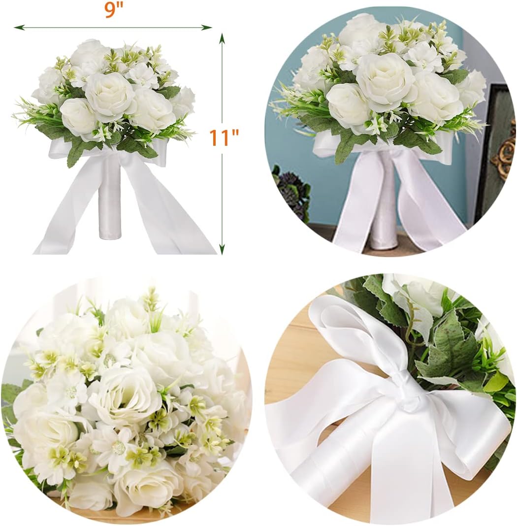 CYANLUX Artificial Wedding Bouquet with Roses and Pearls White
