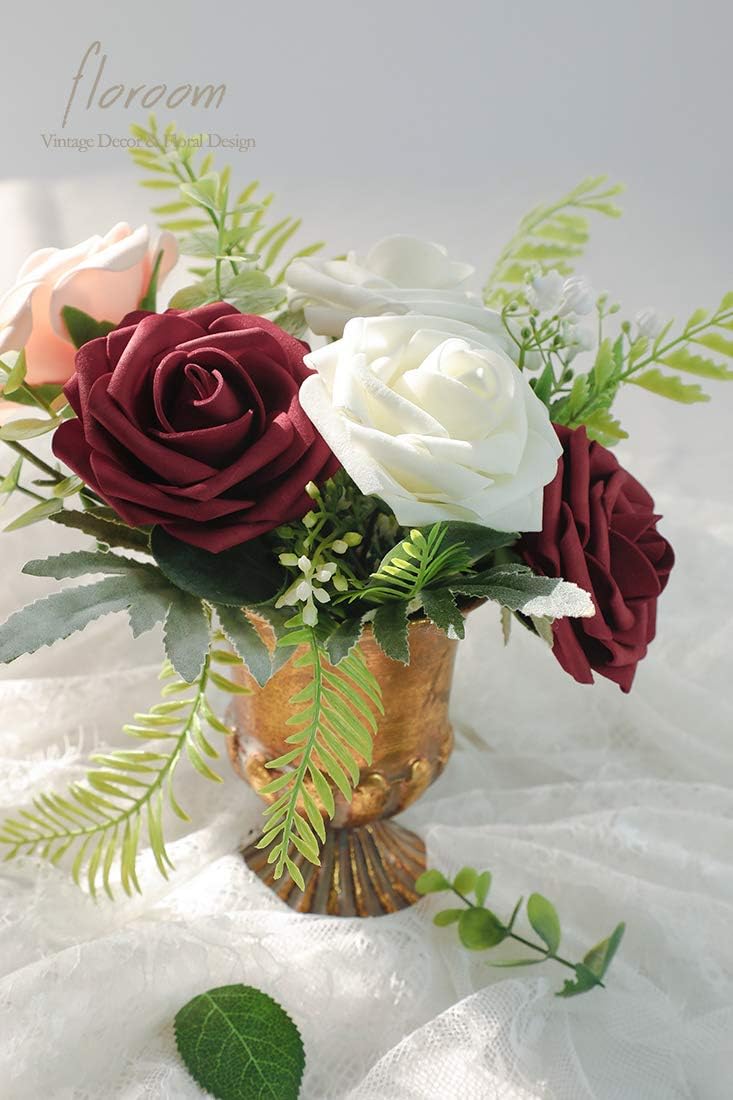 Floroom Artificial Flowers 25pcs Real-Looking Burgundy Foam Fake Roses with Stems
