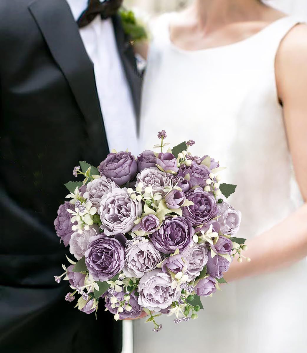 Mkono Peonies Artificial Flowers Purple Indoor Fake Bouquet