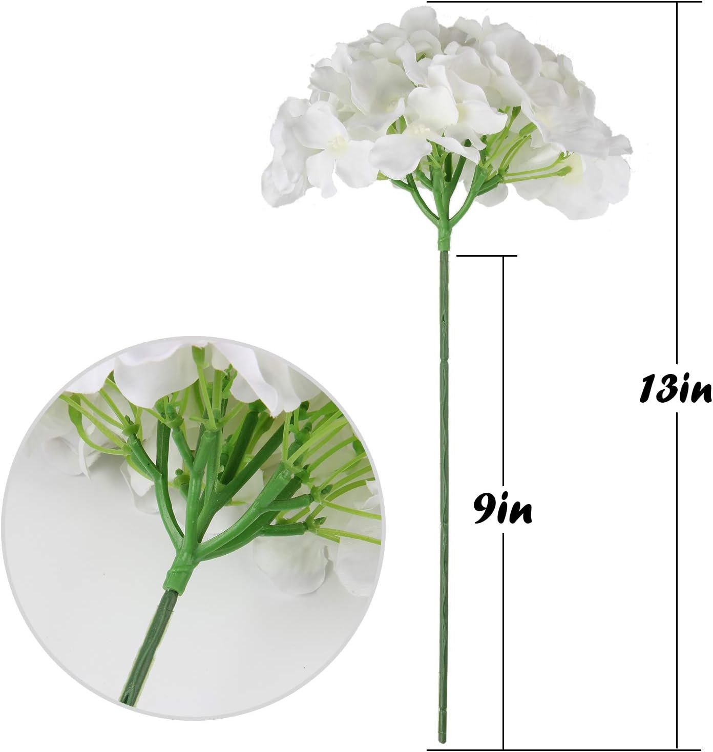 Flojery Silk Hydrangea Flower Heads with Stems Pack of 10 White