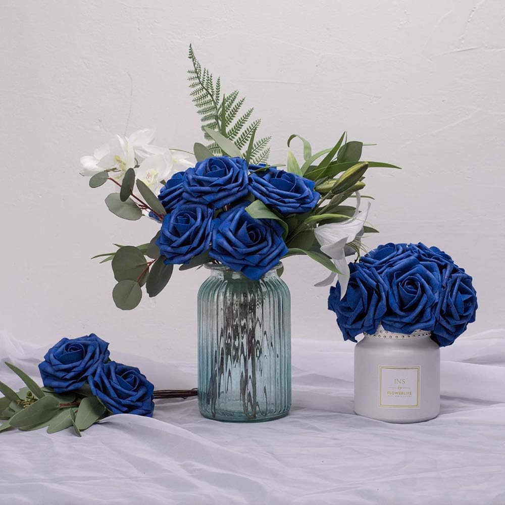 Higfra 25Pc Royal Blue Foam Fake Roses with Stems