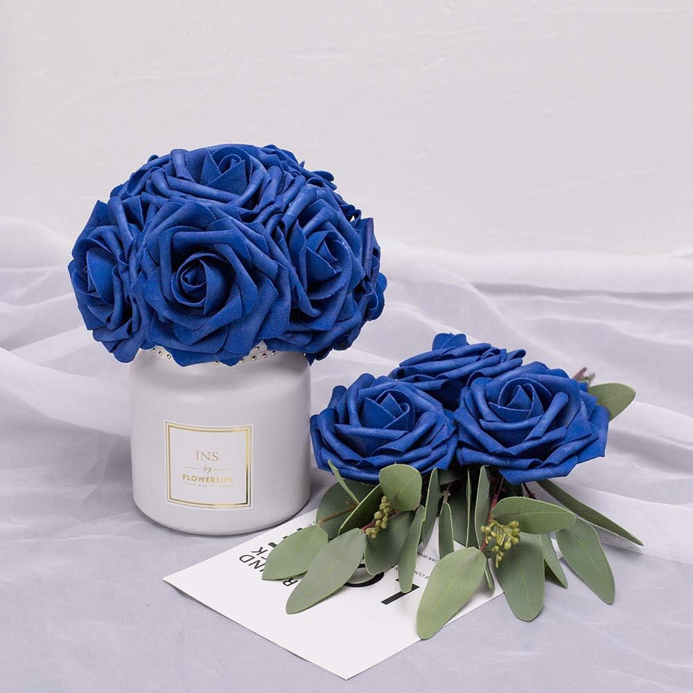 Higfra 25Pc Royal Blue Foam Fake Roses with Stems