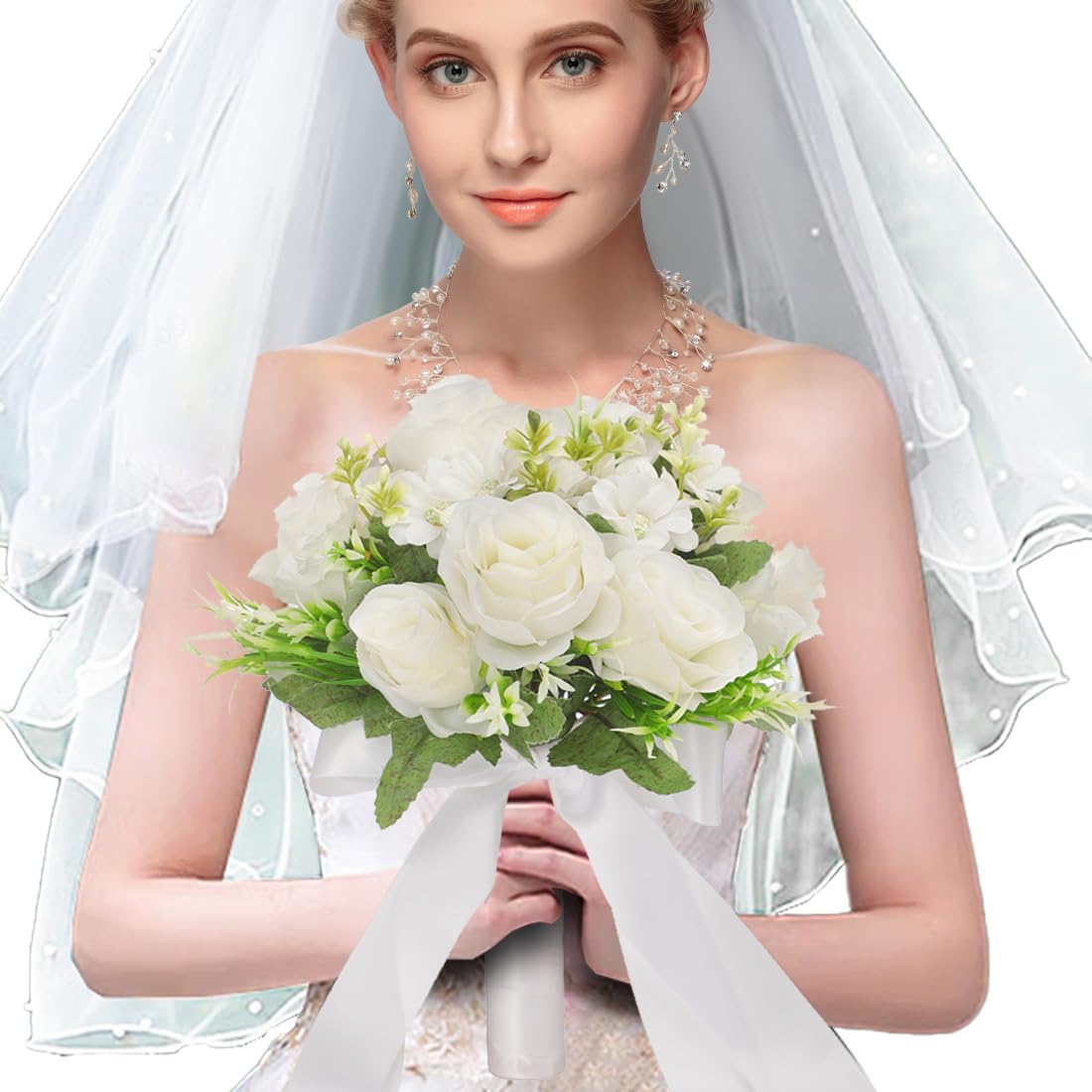 CYANLUX Artificial Wedding Bouquet with Roses and Pearls White