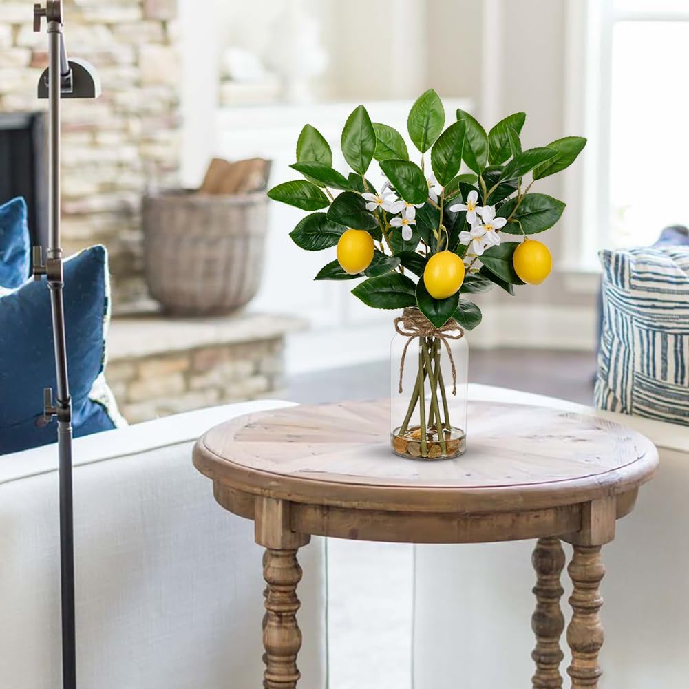 Oairse Artificial Lemon Stems in Glass Vase with Faux Water