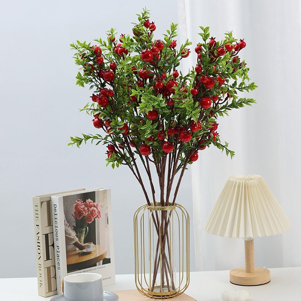 3 Pcs Artificial Pomegranate Branches with Red Berries and Green Leaves