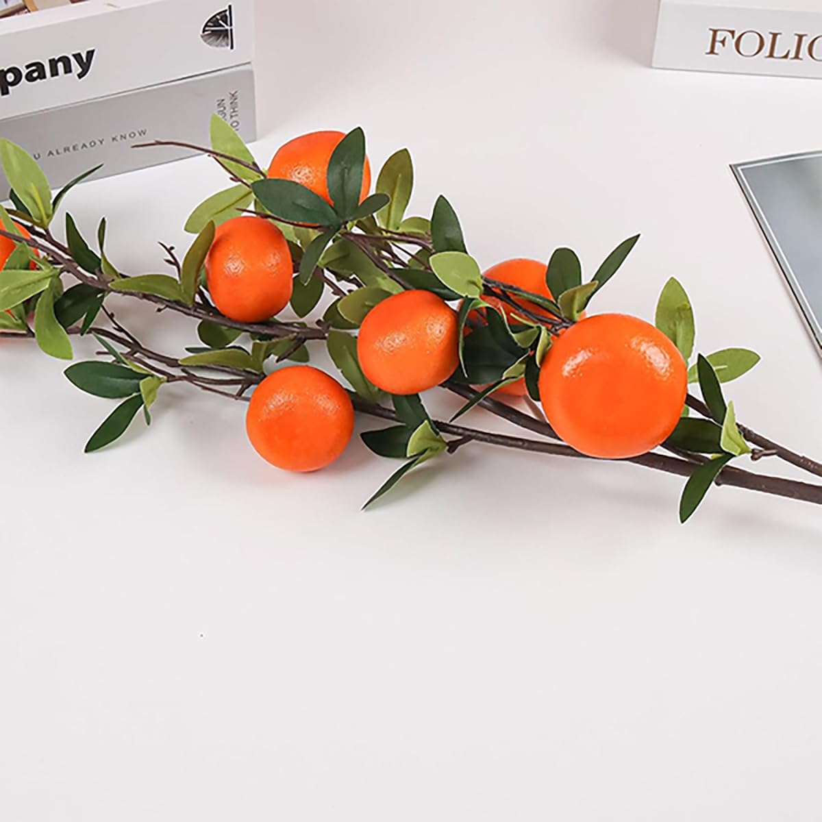 Lifelike Artificial Orange Branches with Green Leaves