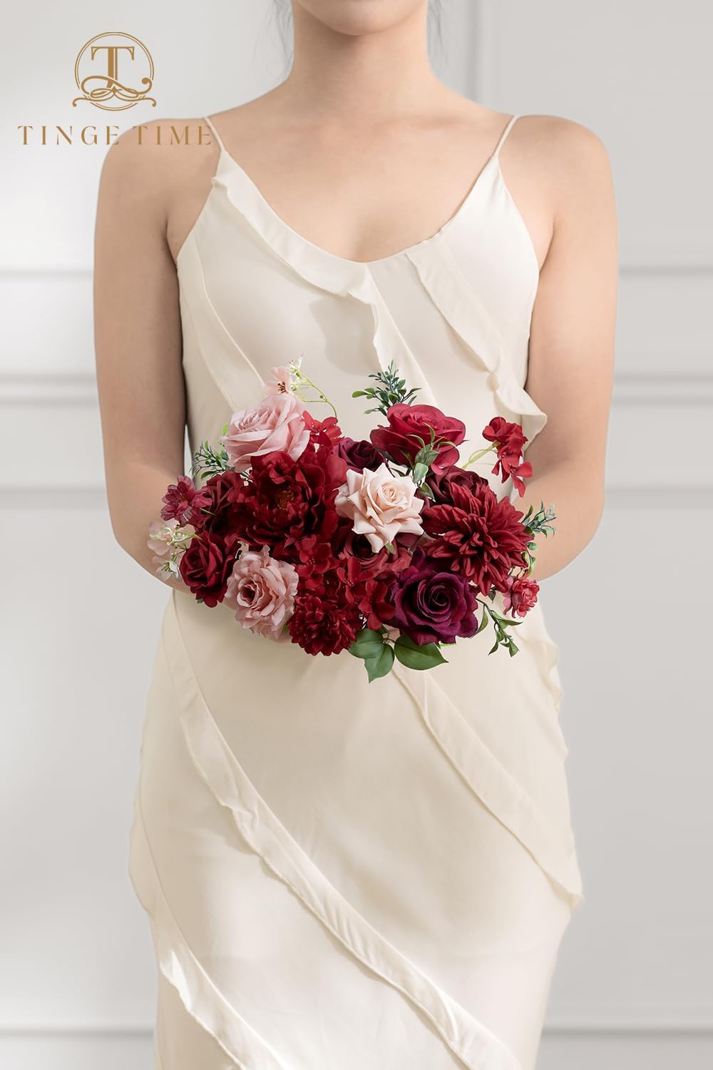 TINGE TIME Burgundy Silk Roses and Dahlias Artificial Flower Set