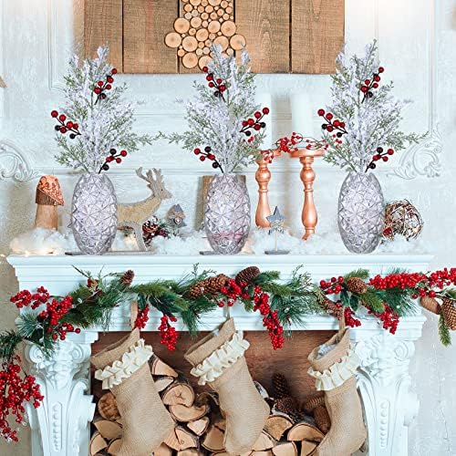 Winlyn 6 Pcs Artificial Cedar Sprays with Red Berries
