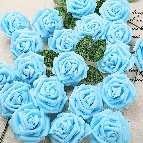 IPOPU 30pcs Baby Blue Roses Artificial Flowers with Stems