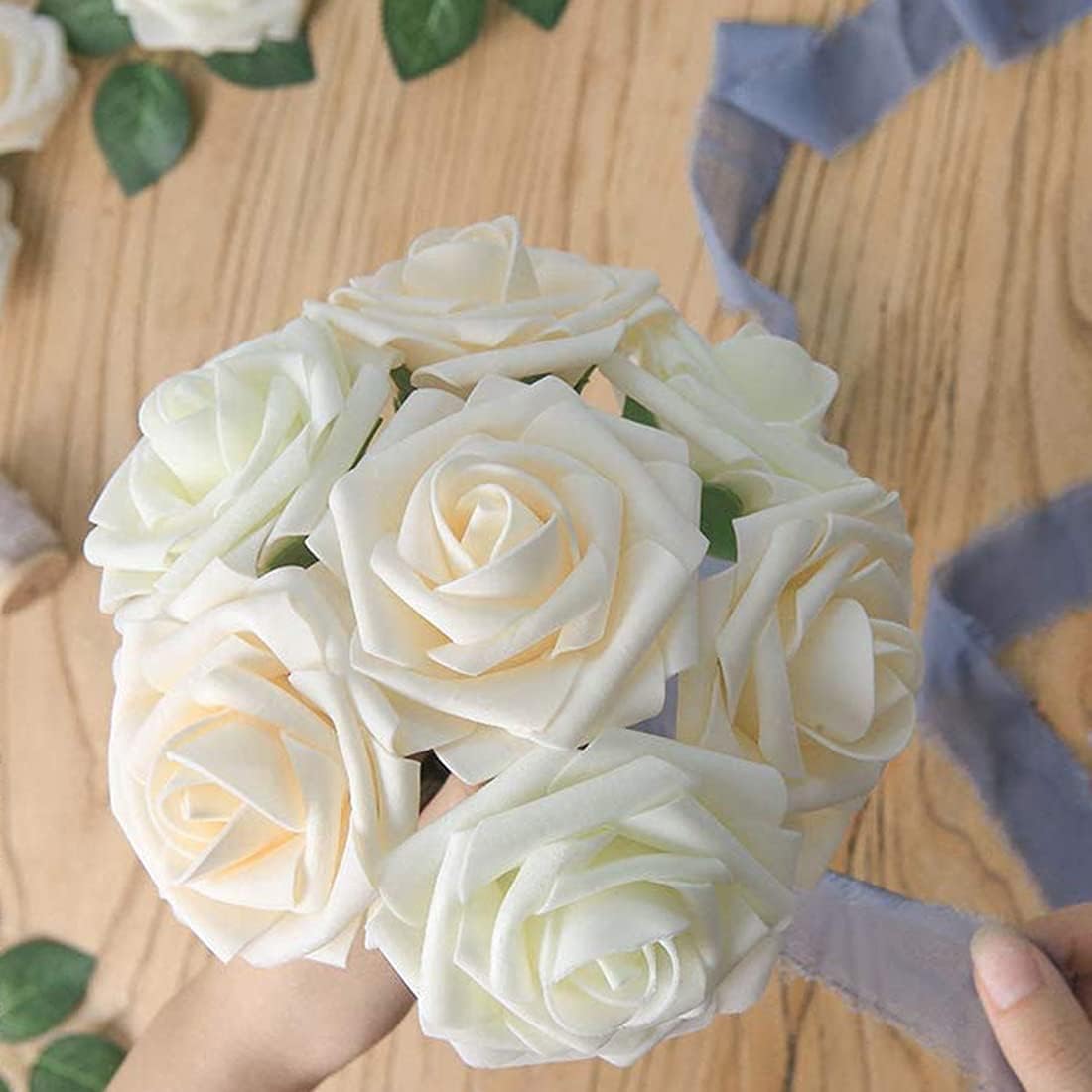 Higfra Artificial Champagne Roses with Stem 25 PCS
