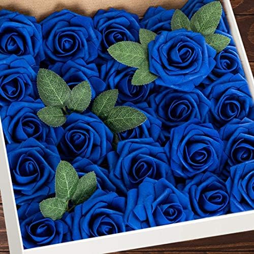 Higfra 25Pc Royal Blue Foam Fake Roses with Stems