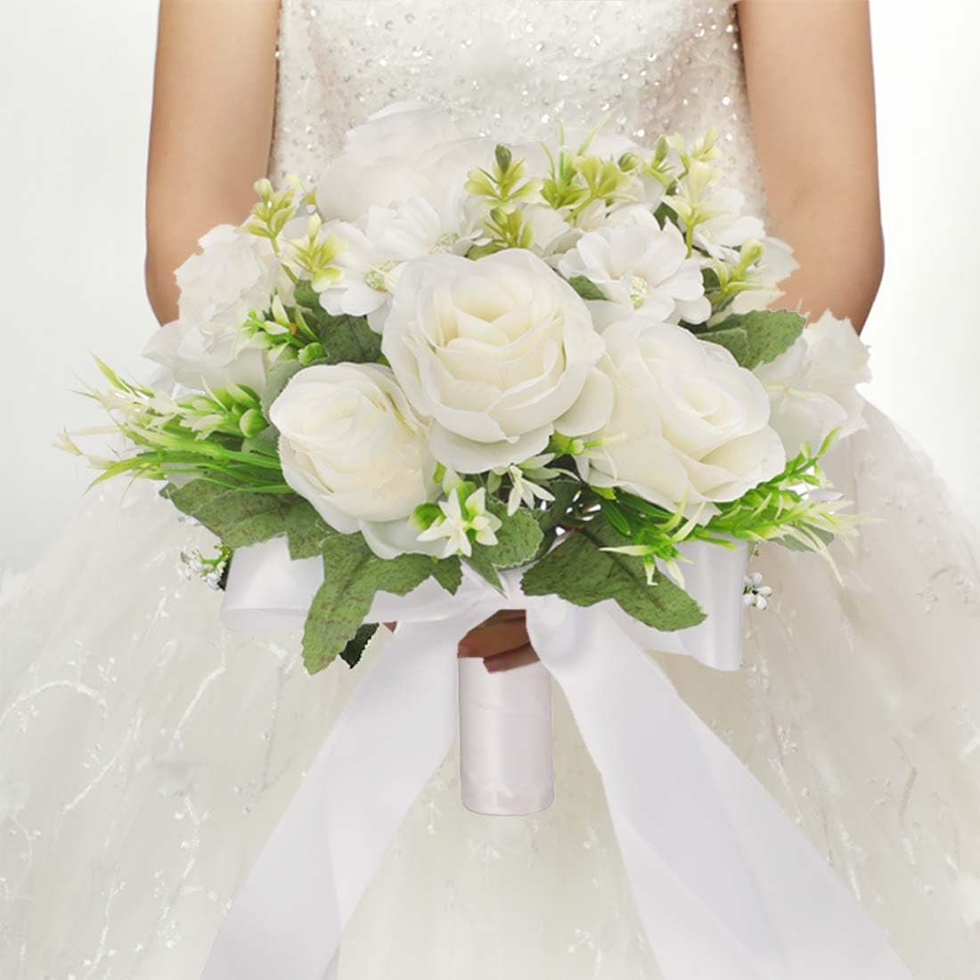 CYANLUX Artificial Wedding Bouquet with Roses and Pearls White
