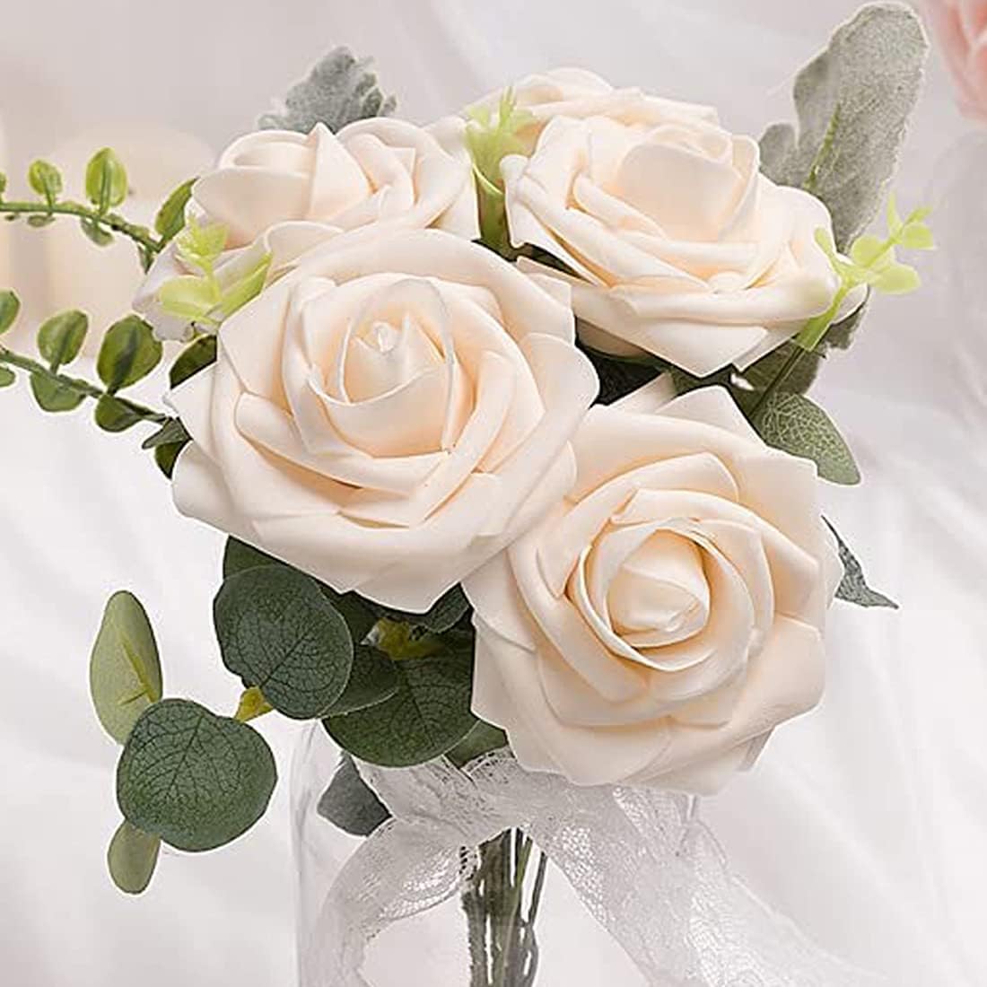 Higfra Artificial Champagne Roses with Stem 25 PCS