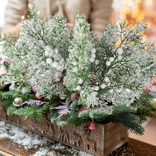 Lyrow 24 Pcs White Berry Christmas Artificial Cedar Branches with Snow