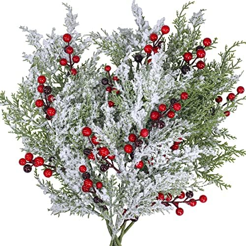 Winlyn 6 Pcs Artificial Cedar Sprays with Red Berries