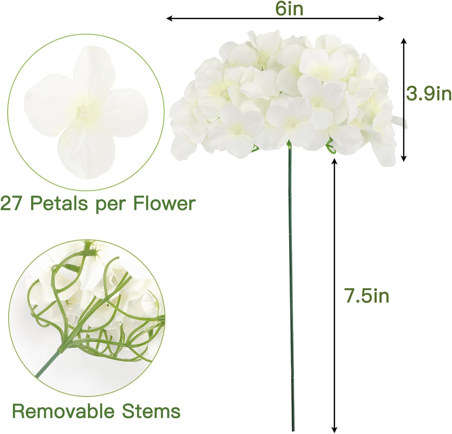 JPSOR 40pcs Artificial Hydrangea Flower Heads with Stems White