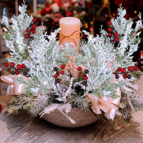 Winlyn 6 Pcs Artificial Cedar Sprays with Red Berries