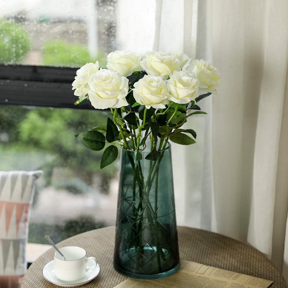 Nubry Artificial Silk White Rose Bouquet 10pcs Lifelike Wedding Decoration