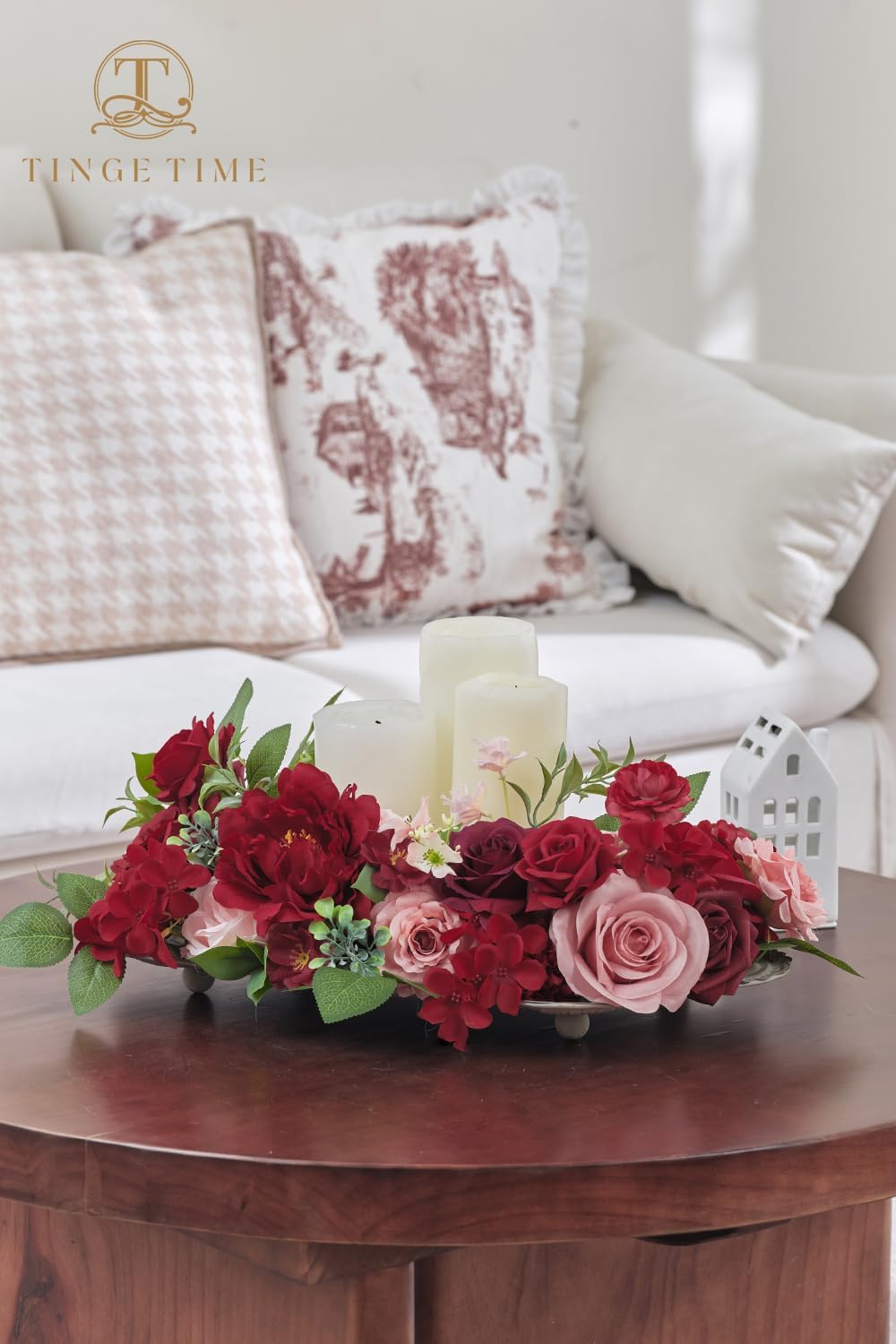 TINGE TIME Burgundy Silk Roses and Dahlias Artificial Flower Set