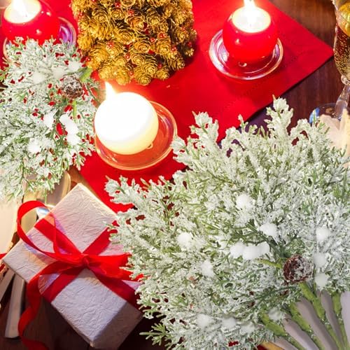 Lyrow 24 Pcs White Berry Christmas Artificial Cedar Branches with Snow