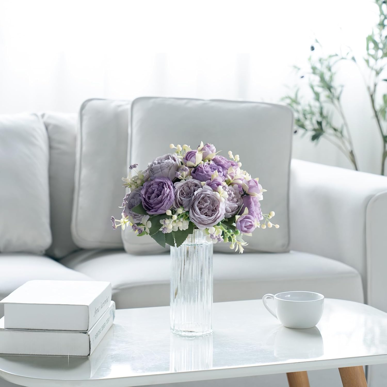 Mkono Peonies Artificial Flowers Purple Indoor Fake Bouquet