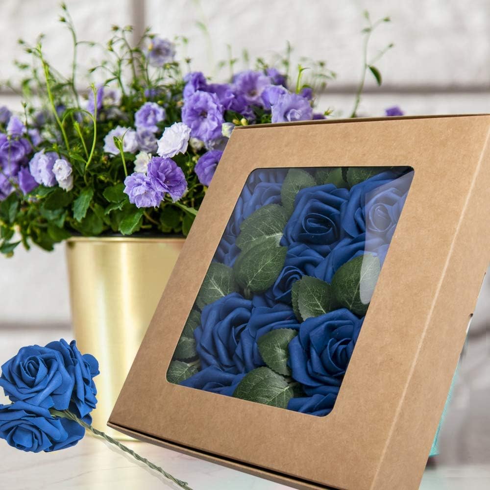Higfra 25Pc Royal Blue Foam Fake Roses with Stems