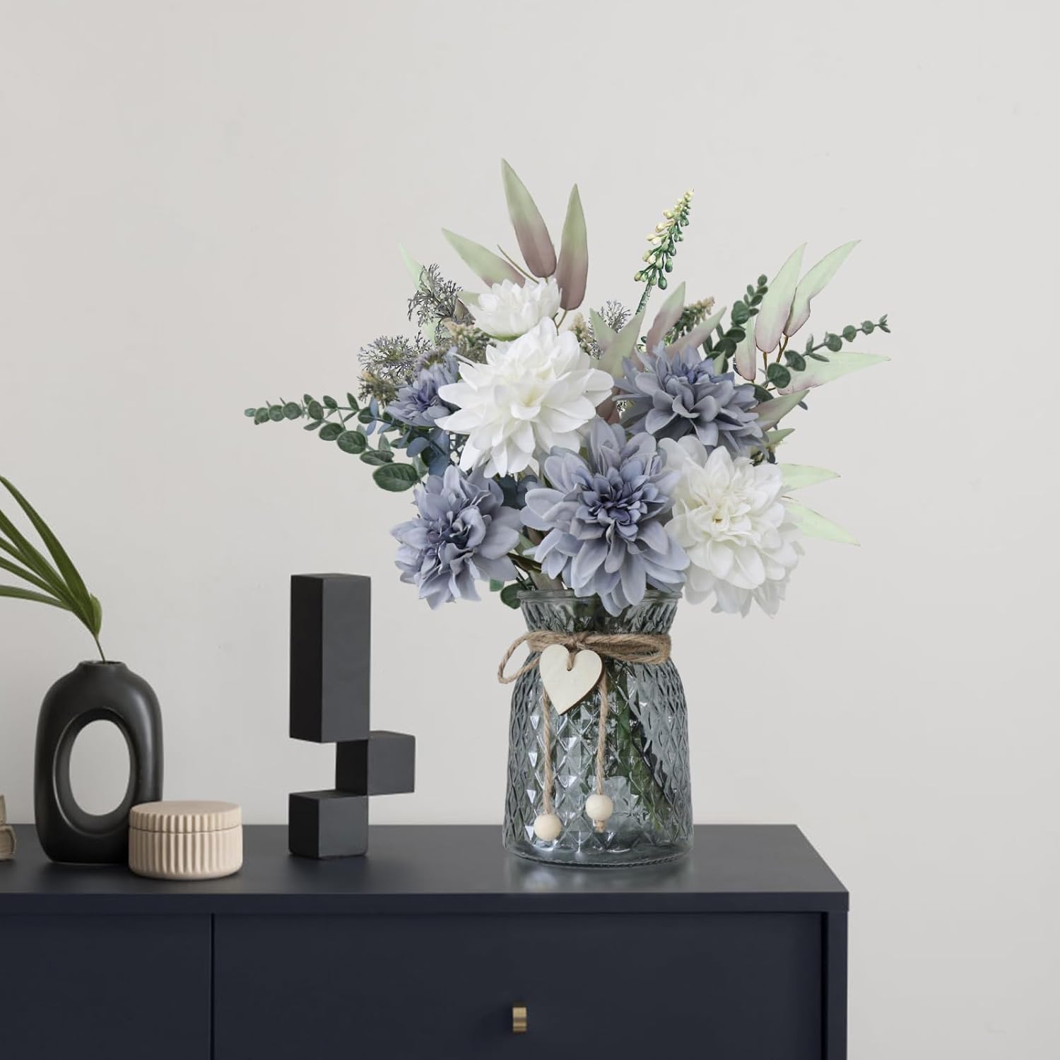 8 Blue and White Artificial Dahlias in Vase with Holder