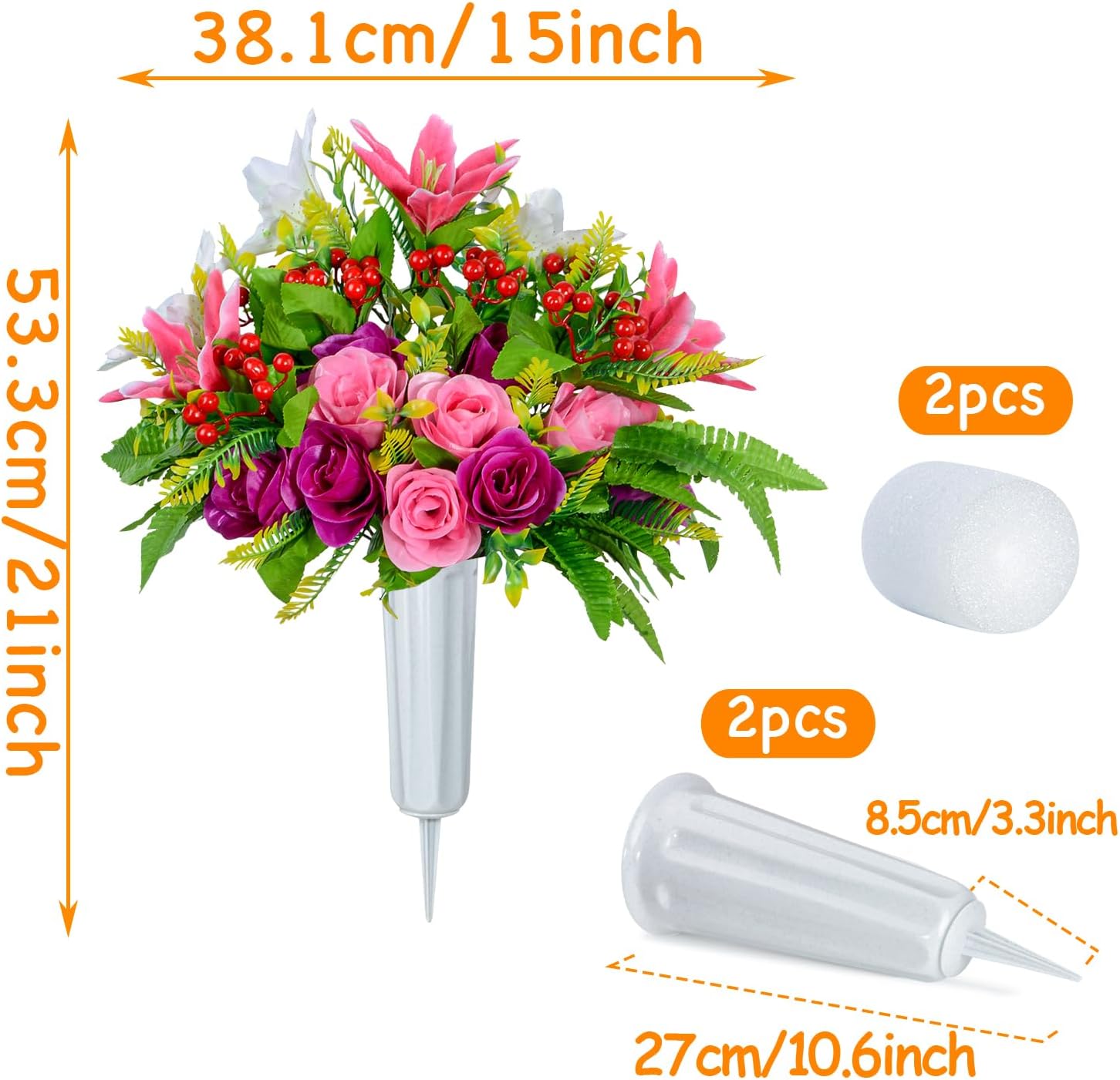 XONOR Artificial Cemetery Flowers with Vase Set of 2